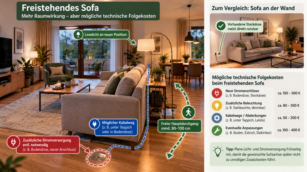 Freistehendes Sofa mit Licht- und Stromplanung im Wohnzimmer