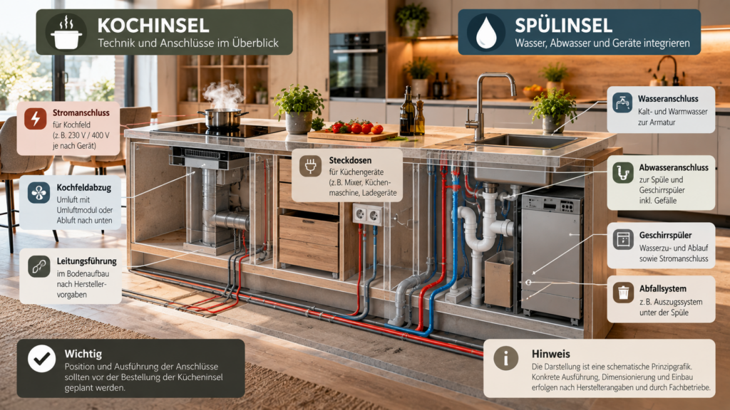 Kücheninsel mit schematischer Planung von Strom, Wasser und Abwasser