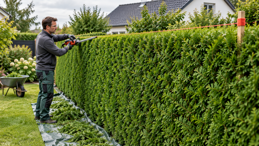 Thuja-Hecke mit Orientierungsschnur gleichmäßig schneiden