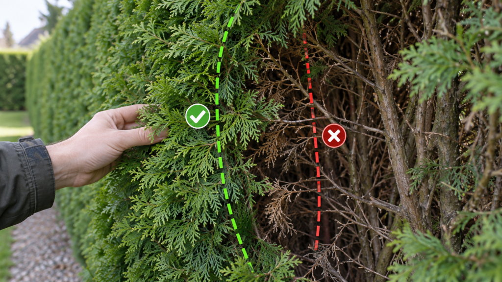 Grüne Schnittzone und altes Holz einer Thuja-Hecke.Thuja-Hecke schneiden