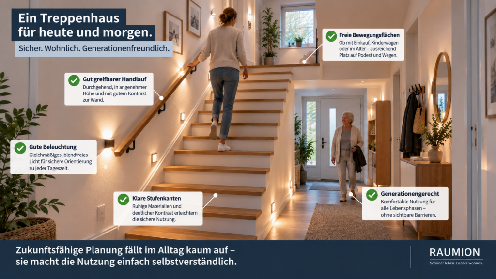 Zukunftsfähiges Treppenhaus mit gutem Handlauf, freien Stufen und gleichmäßiger Beleuchtung