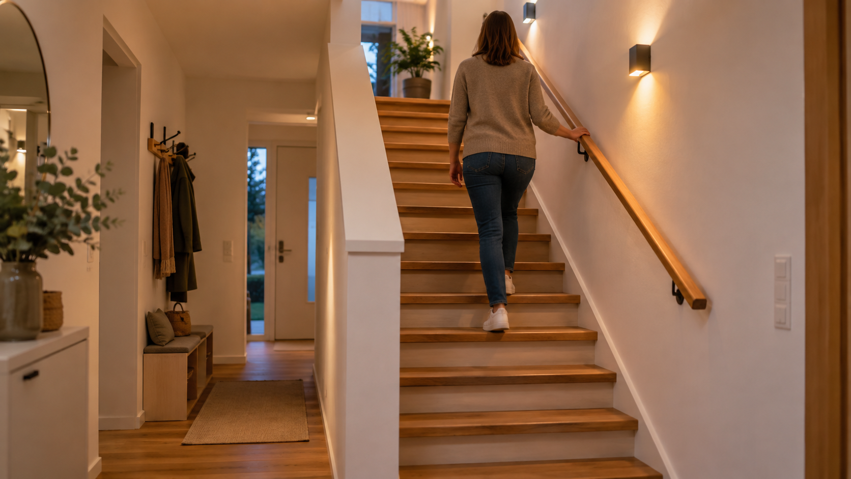Ruhig und sicher gestaltetes Treppenhaus mit Holzstufen, Handlauf und gleichmäßiger Beleuchtung