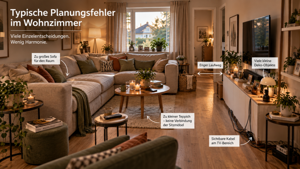 Typische Fehler bei der Wohnzimmergestaltung mit engem Laufweg und zu vielen Einzelmöbeln
