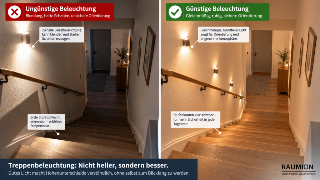 Vergleich zwischen blendender und gleichmäßiger Beleuchtung eines Treppenhauses