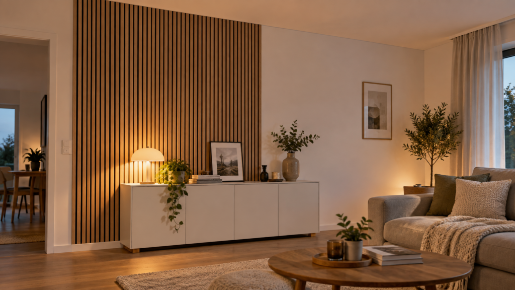 Vertikale Akustikpaneele bis zur Decke betonen die Raumhöhe