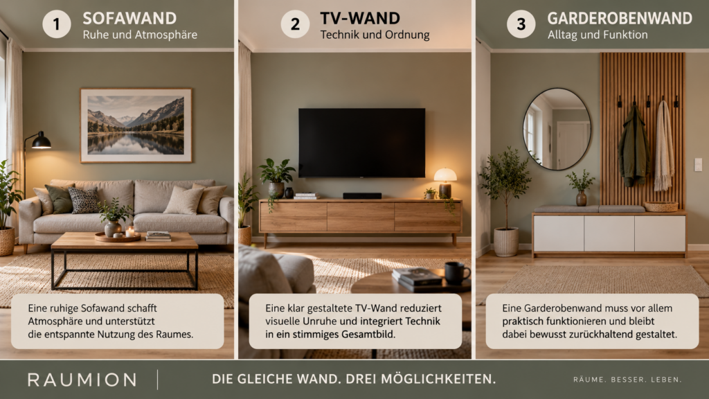 Vergleich von Sofawand, TV-Wand und Garderobenwand mit unterschiedlicher Funktion