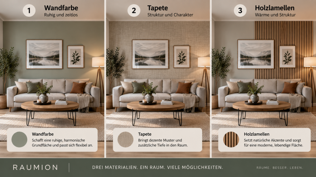 Vergleich Wandfarbe Tapete und Holzlamellen für die Wandgestaltung