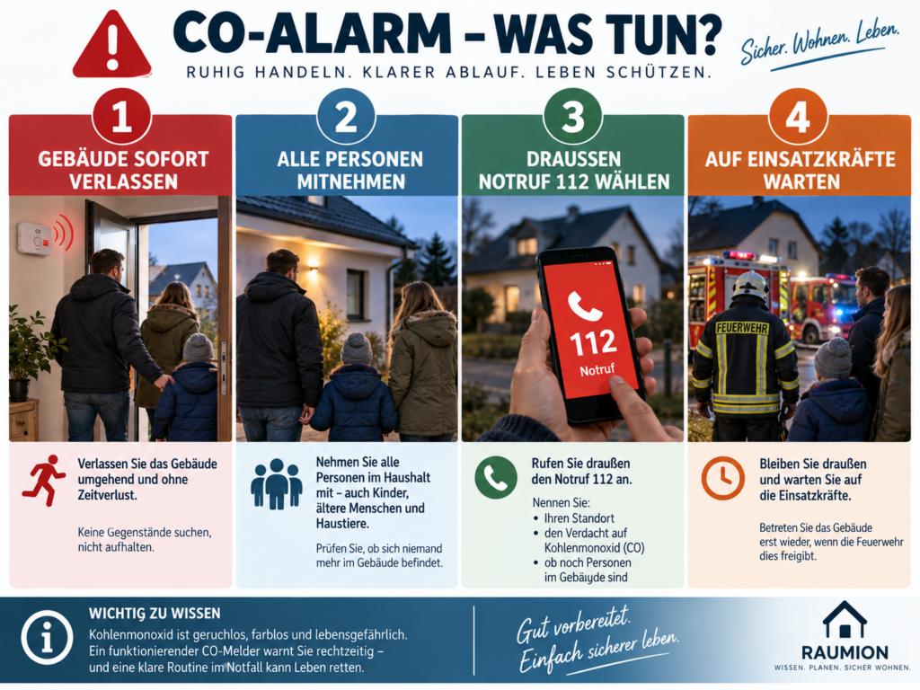 Verhalten bei CO-Alarm mit Gebäude verlassen, Notruf 112 und draußen auf Einsatzkräfte warten