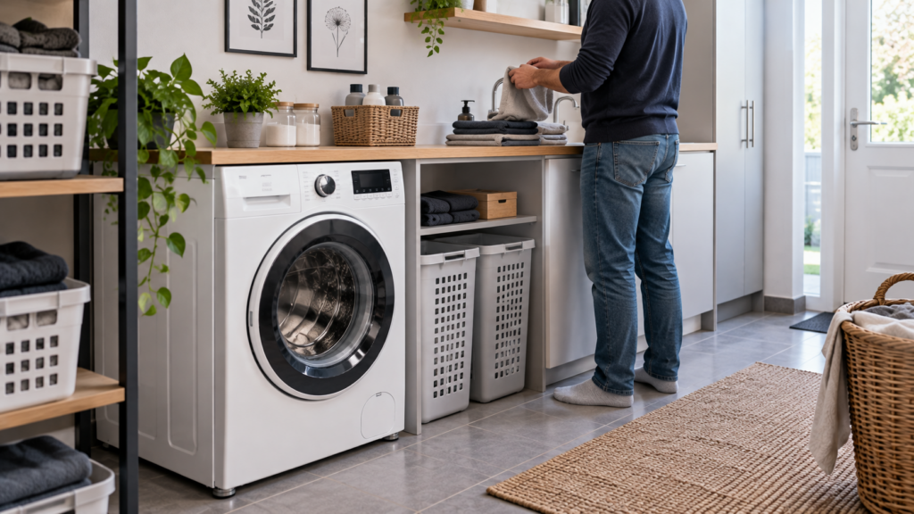 Stabil aufgestellte Waschmaschine in einem ruhigen funktionalen Hauswirtschaftsraum