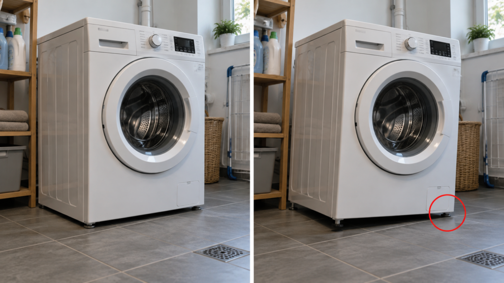 Waschmaschine richtig aufgestellt im Vergleich zu schief stehendem Gerät mit Vibrationsrisiko. Waschmaschine vibriert.