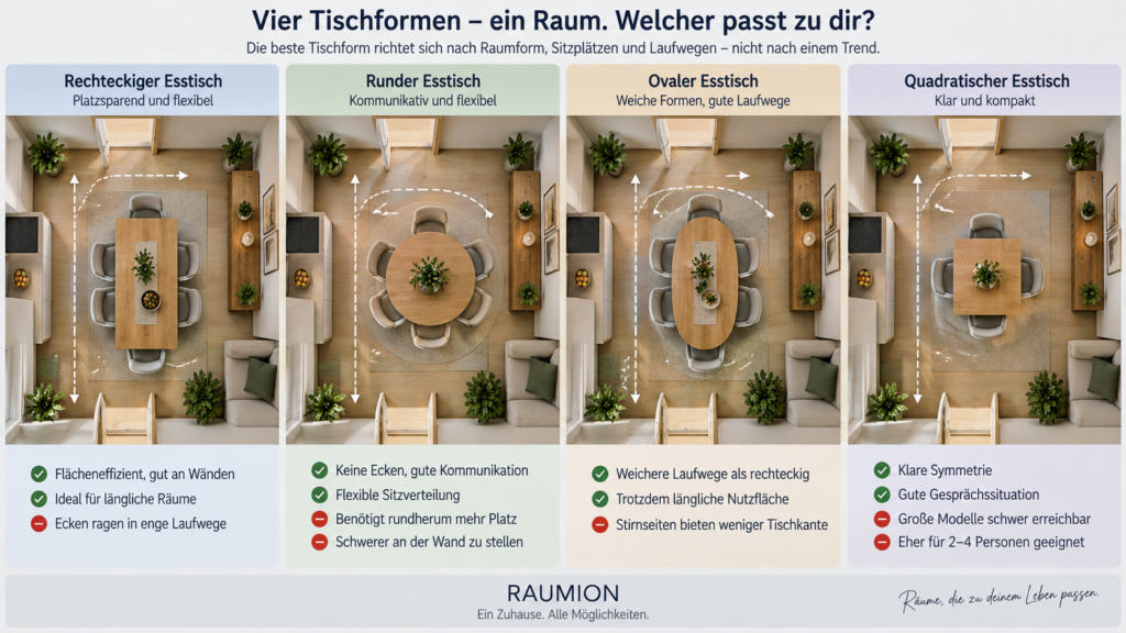 Vergleich von rechteckigem, rundem, ovalem und quadratischem Esstisch im gleichen Raum.