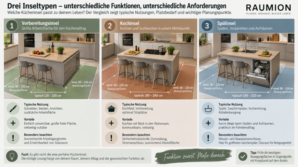 Vergleich von Vorbereitungsinsel, Kochinsel und Spülinsel mit unterschiedlichen Platzanforderungen
