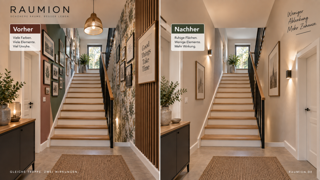 Ruhige und überladene Wandgestaltung im Treppenhaus im Vergleich