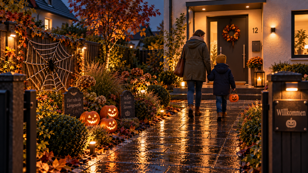 Wetterfest dekorierter Halloween-Garten mit freien Wegen, Kürbissen und sicherer Außenbeleuchtung