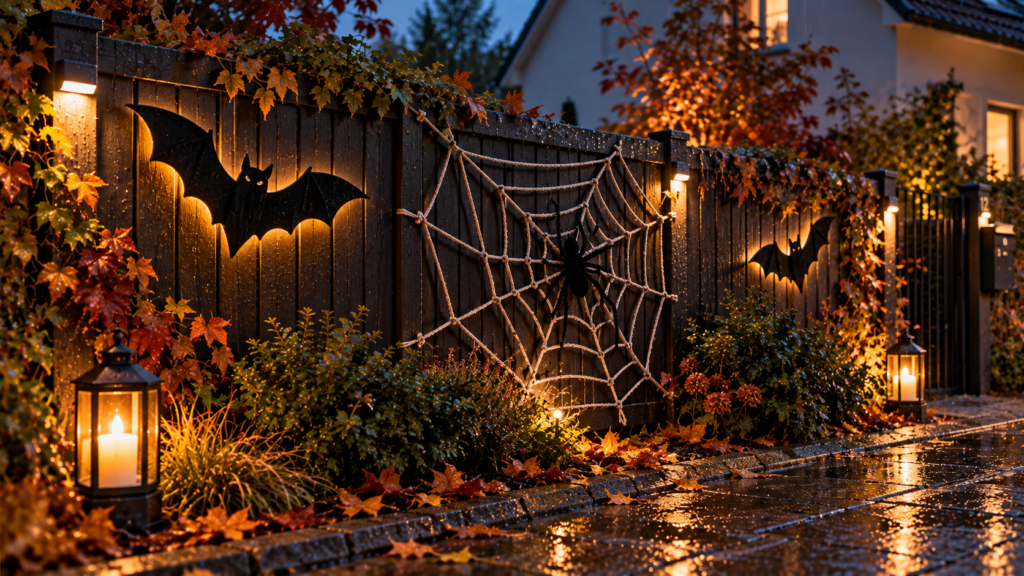Halloween-Silhouetten und gespanntes Spinnennetz an einem Gartenzaun