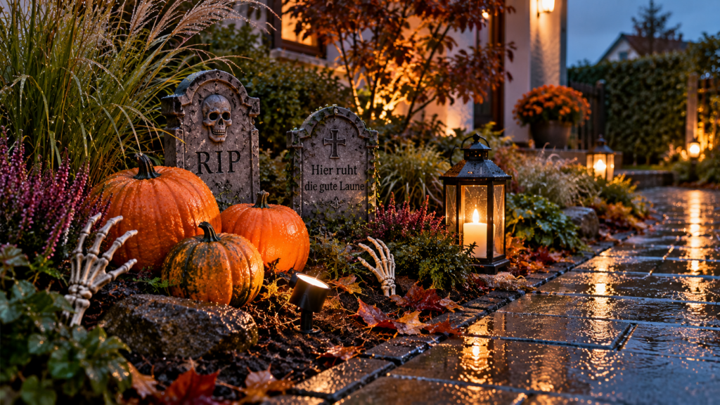 Bodennahe Halloween-Deko mit Kürbissen und Grabsteinen in einem herbstlichen Gartenbeet