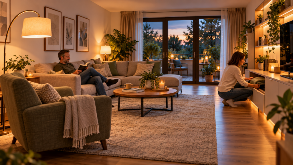 Wirtschaftlich geplante Möbelanordnung im Wohnzimmer mit Sofa, Sessel, Stauraum und freiem Laufweg