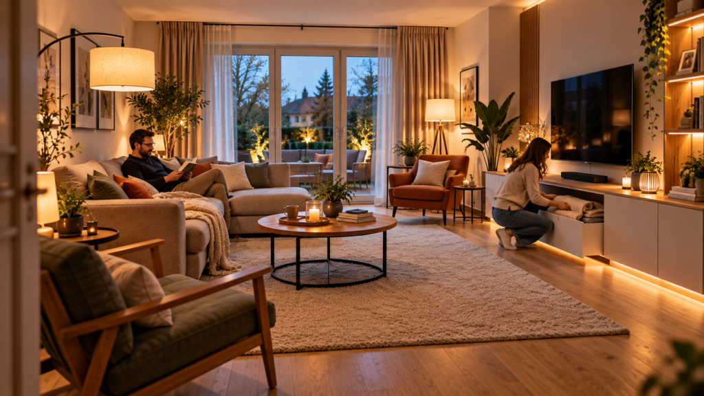 Realistisch geplantes Wohnzimmer mit Sofa, Stauraum, Licht und freiem Laufweg