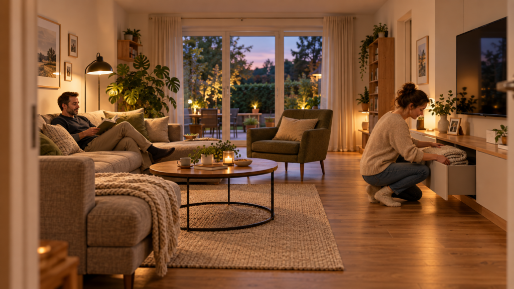Ruhig geplantes Familienwohnzimmer mit freiem Laufweg, Stauraum, TV-Zone und warmem Licht. Wohnzimmer planen