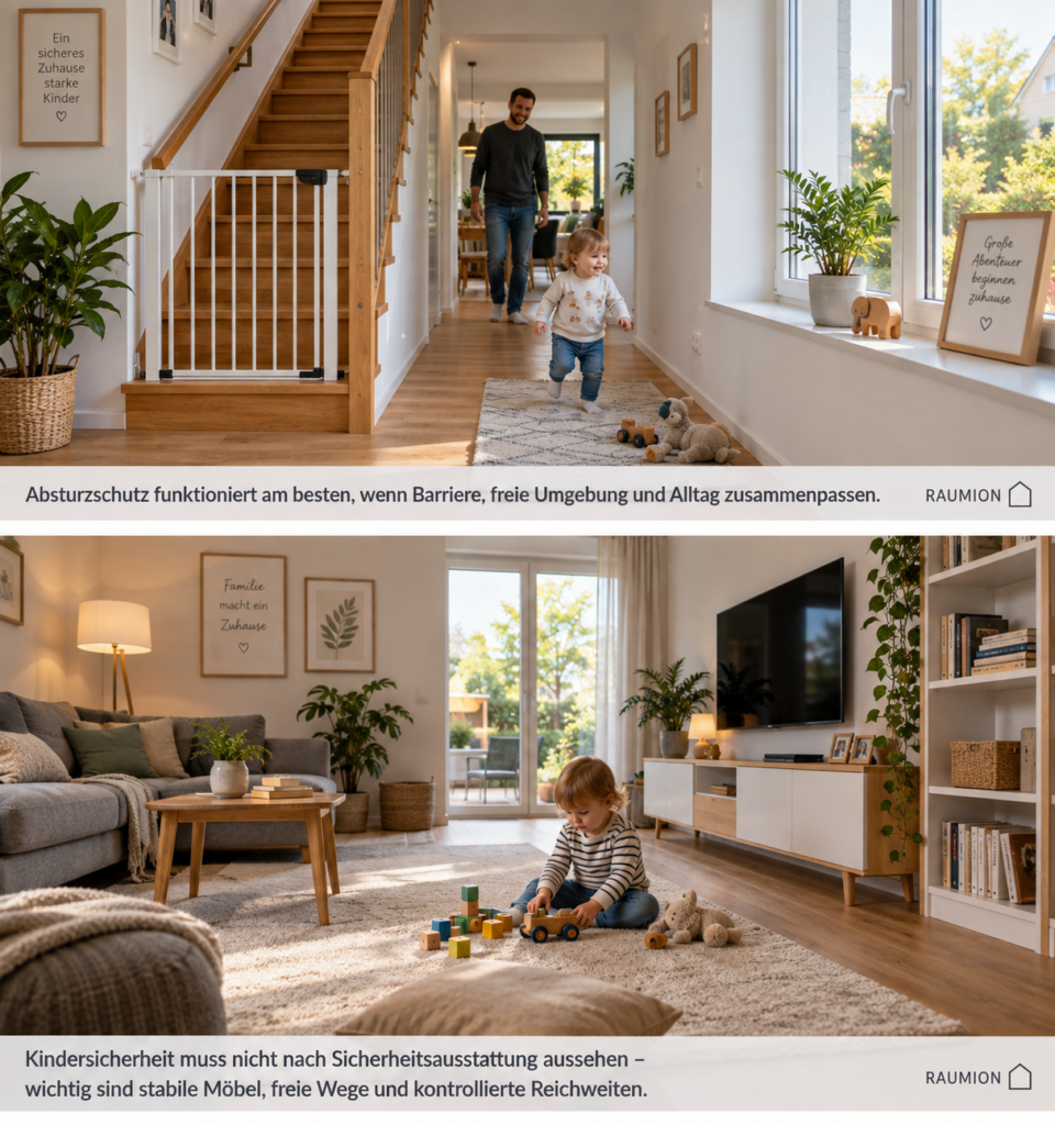 Kindersicher eingerichtetes Wohnzimmer mit stabilen Möbeln und freien Laufwegen