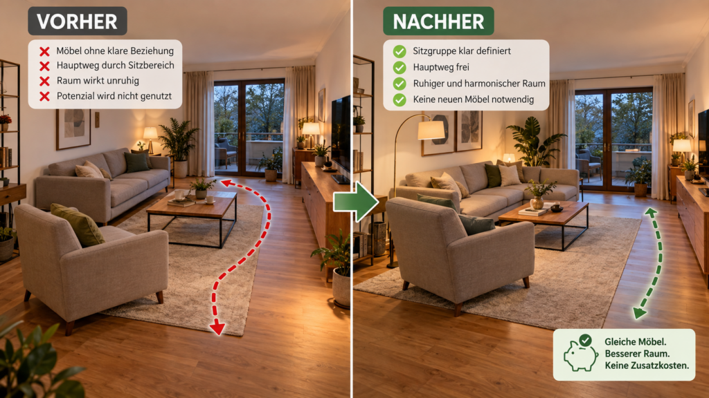 Wohnzimmer vor und nach einer kostenneutralen Neuordnung vorhandener Möbel.Wohnzimmer Möbel anordnen