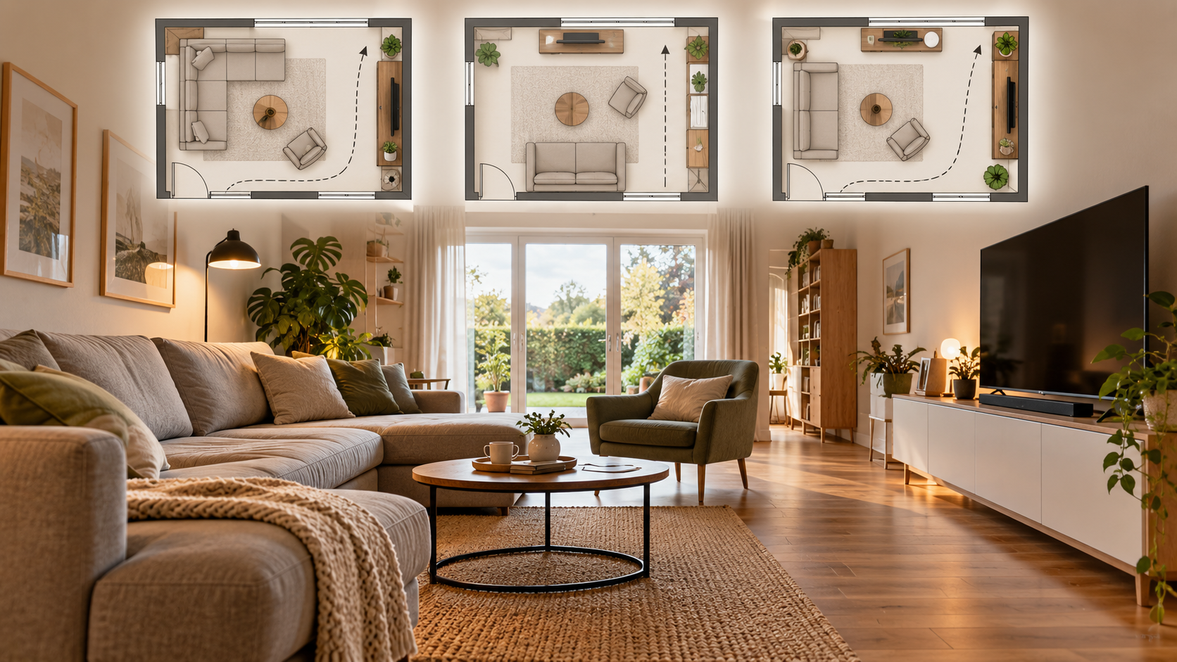 Wohnzimmer planen mit drei Grundrissvarianten für Sofa, TV, Laufwege und Stauraum