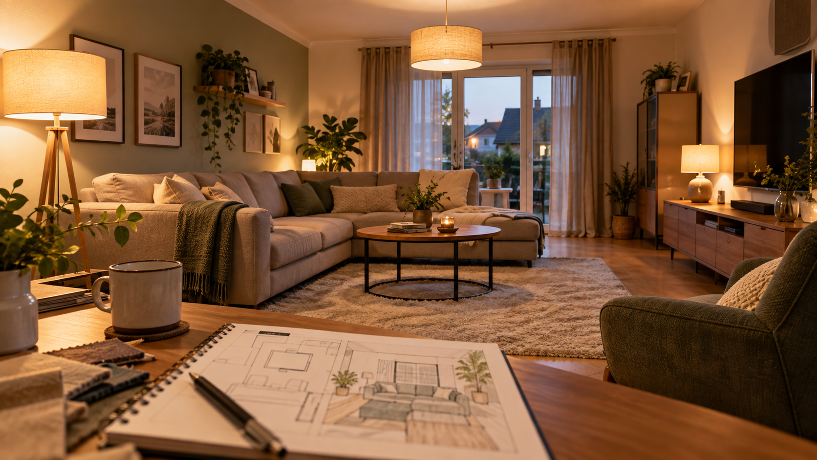 Wohnzimmer planen und Kosten für Möbel, Licht und Stauraum kalkulieren