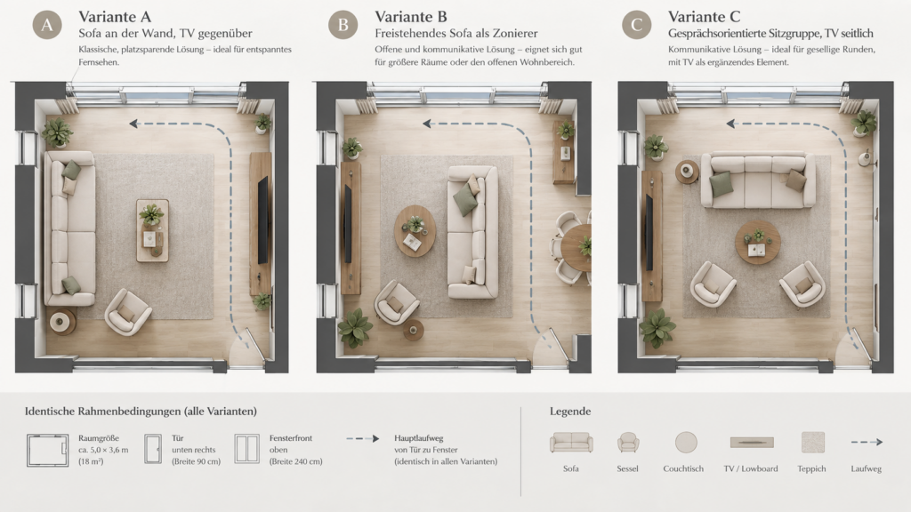 Drei Grundrissvarianten für die Planung eines Wohnzimmers mit Sofa, TV und Laufwegen