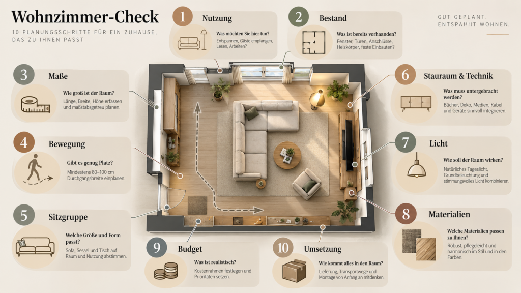 Zehn-Punkte-Checkliste zum Wohnzimmer planen vor Möbelkauf, Umbau und Umsetzung.Wohnzimmer planen Checkliste