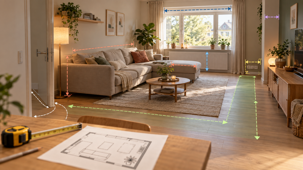 Wohnzimmer vollständig ausmessen vor dem Kauf neuer Möbel
