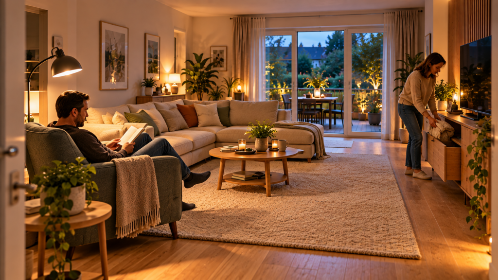 Ruhig angeordnetes Wohnzimmer mit Sofa, Sessel, Couchtisch, Stauraum und freiem Laufweg
