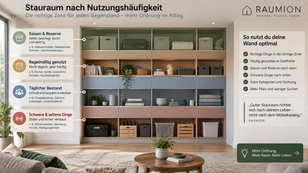 Stauraumwand nach Nutzungshäufigkeit und Greifzonen organisieren