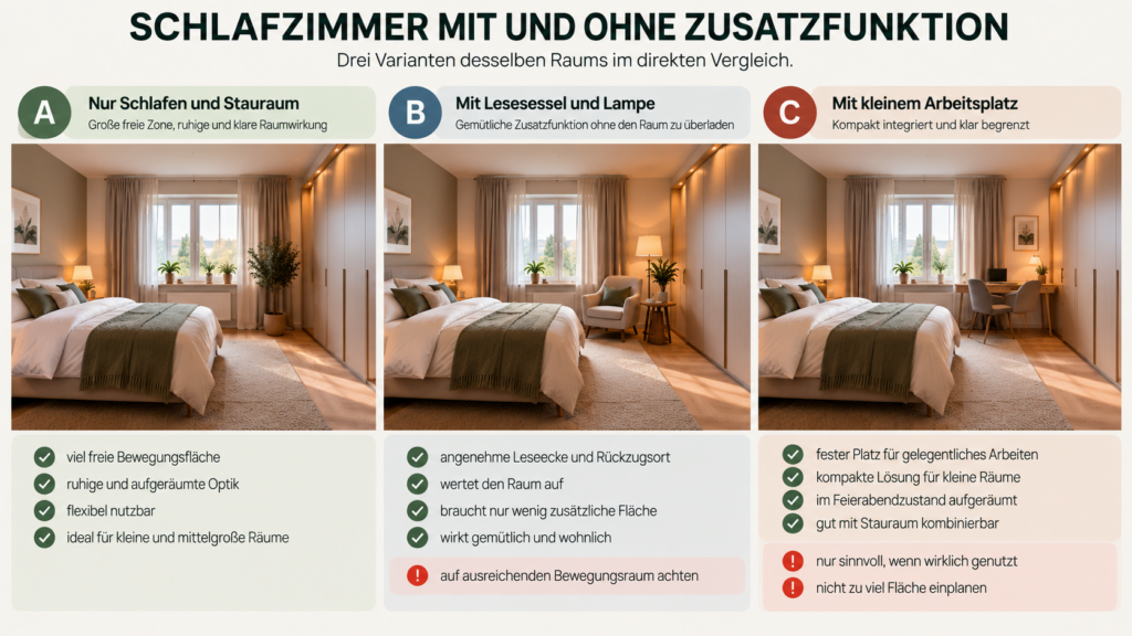 Schlafzimmer Varianten mit freier Fläche, Lesesessel und kleinem Arbeitsplatz im Vergleich