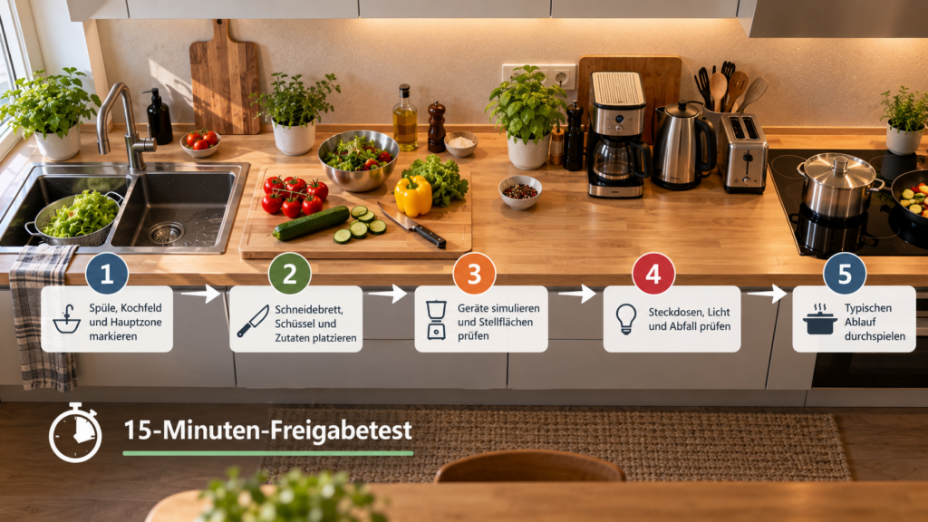 Küchenarbeitsfläche mit 15 Minuten Praxistest vor der Bestellung prüfen
