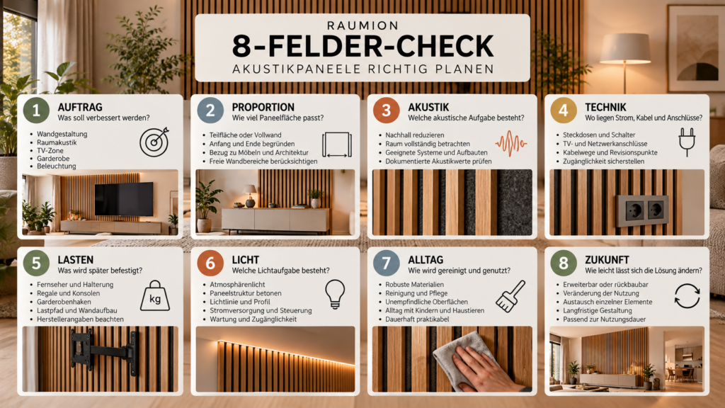 RAUMION 8-Felder-Check zum Planen von Akustikpaneelen