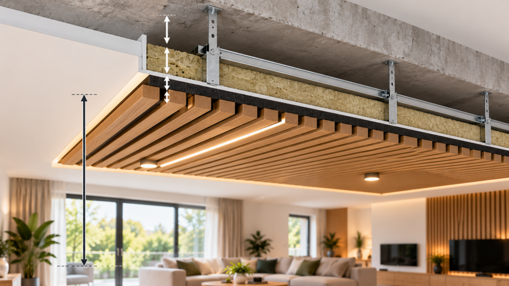 Aufbau einer abgehängten Akustikdecke mit Hohlraum und lichter Raumhöhe
