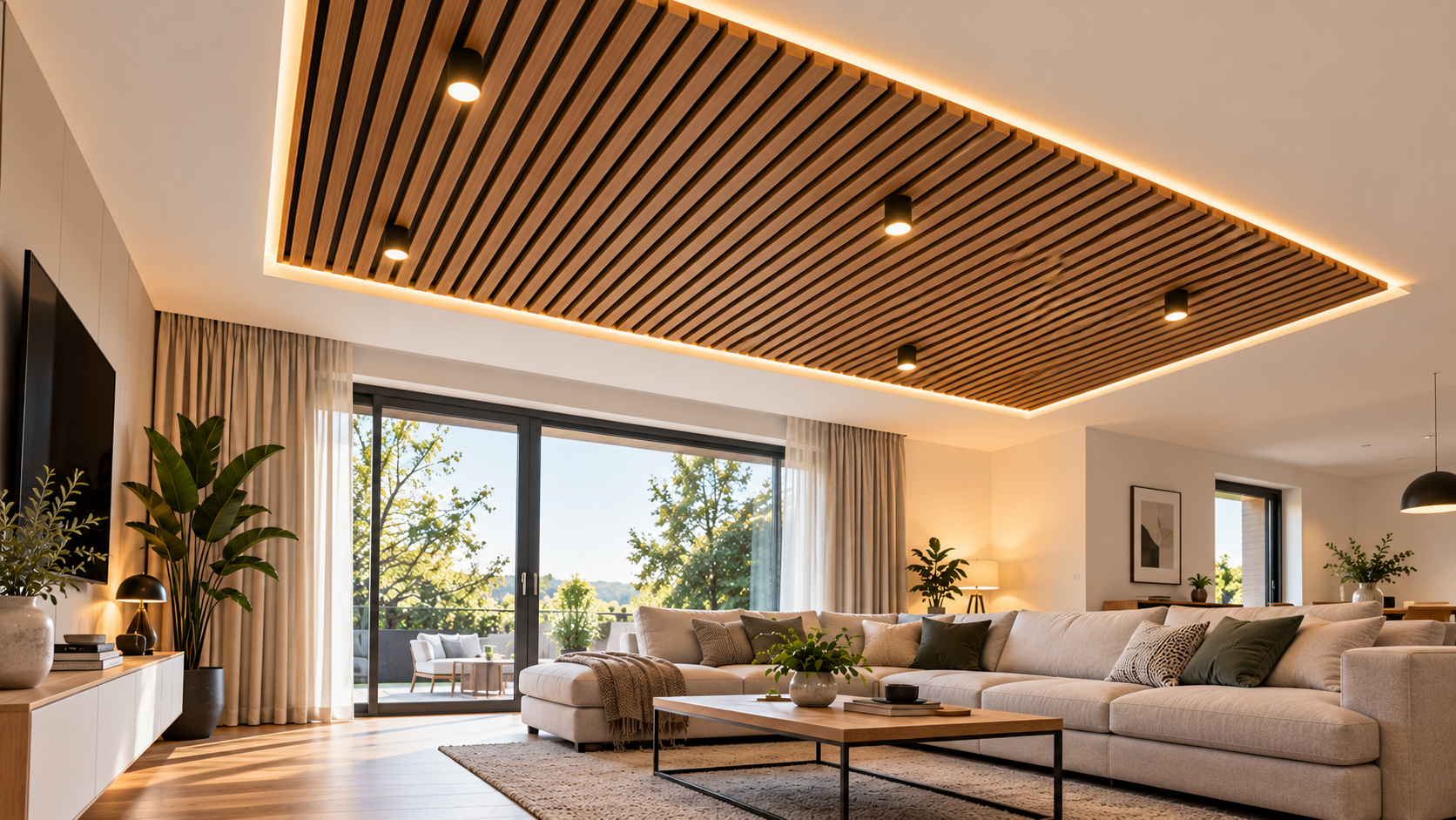 Wohnzimmer mit Holzlamellen-Akustikdecke und integrierter warmer Beleuchtung