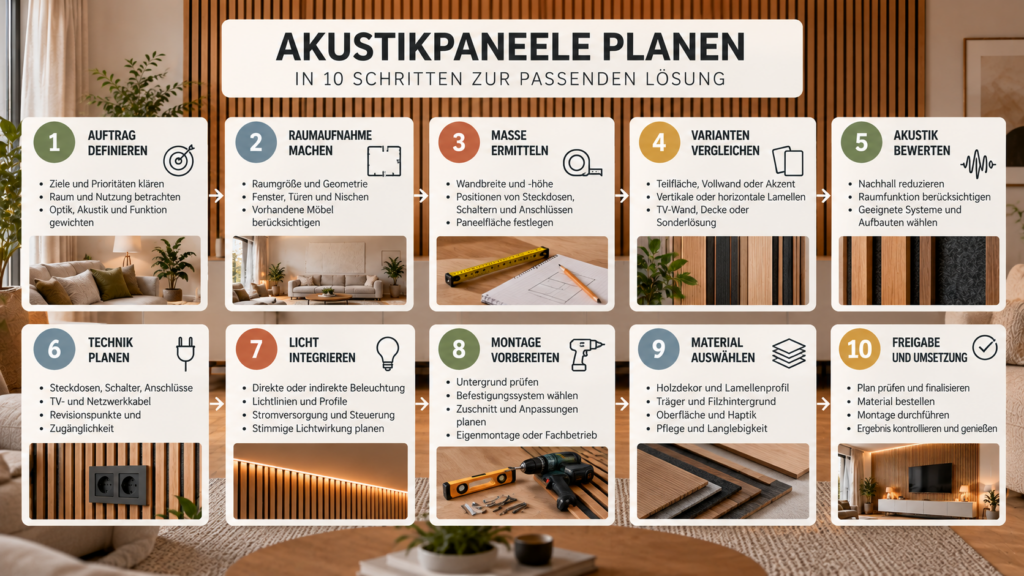 Akustikpaneele planen in zehn Schritten von Raumaufnahme bis Freigabe
