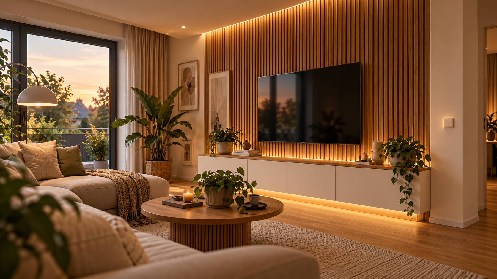 Modernes Wohnzimmer mit Eichen-Akustikpaneelen, indirekter LED-Beleuchtung und smartem Wandtaster.