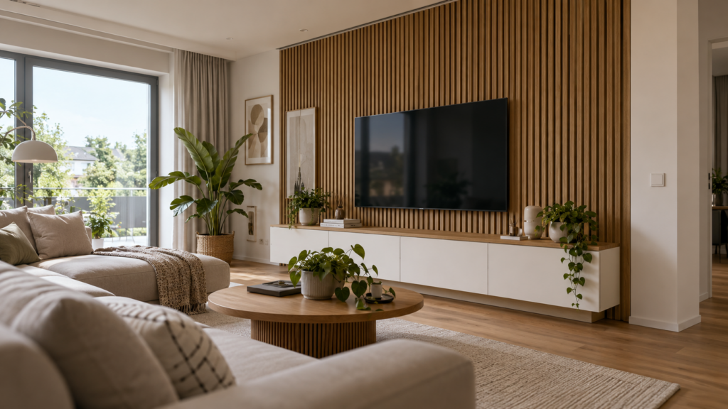 Helles Wohnzimmer mit Eichen-Akustikpaneelen, weißem Sideboard, Fernseher und Pflanzen bei natürlichem Tageslicht.