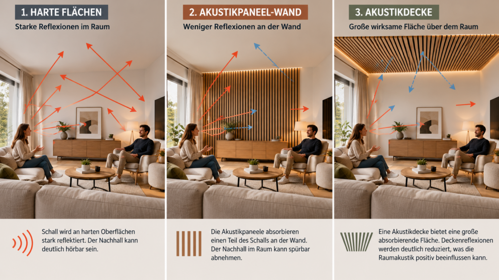 Vergleich von Akustikpaneelen an Wand und Decke zur Beeinflussung von Schallreflexionen