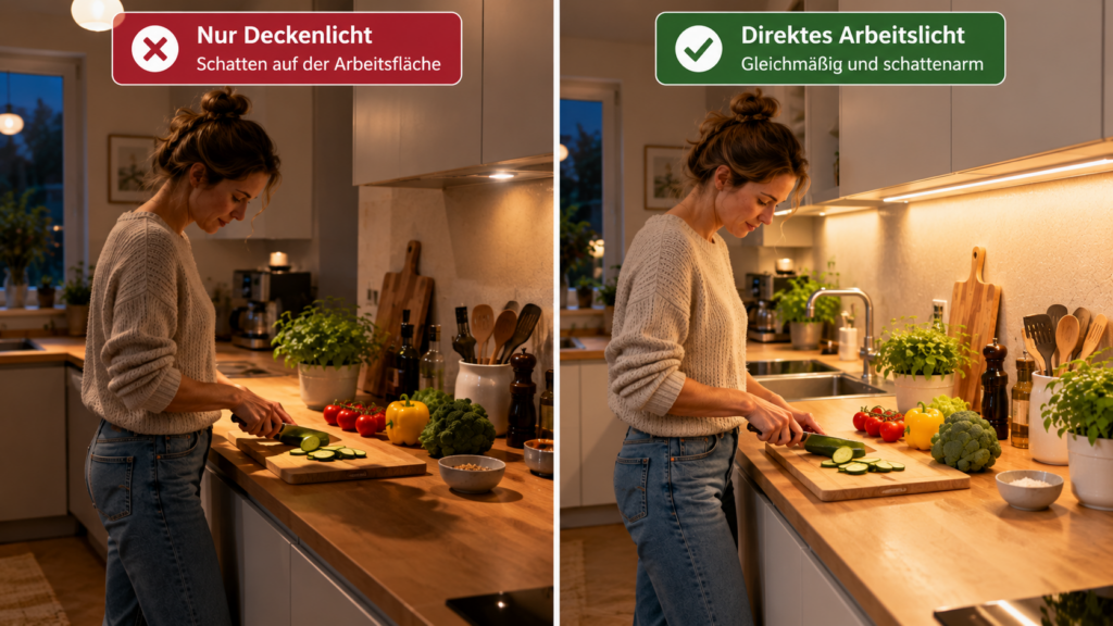 Küchenarbeitsfläche mit direkter Arbeitsbeleuchtung und ohne Zusatzlicht im Vergleich