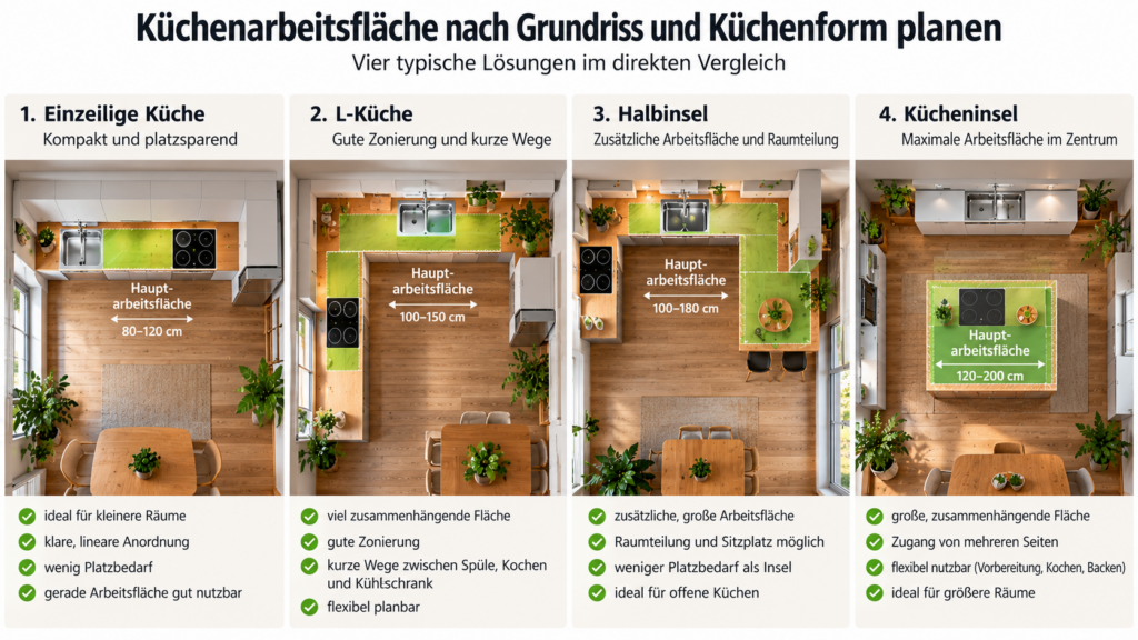 Küchenarbeitsfläche nach Grundriss und Küchenform planen