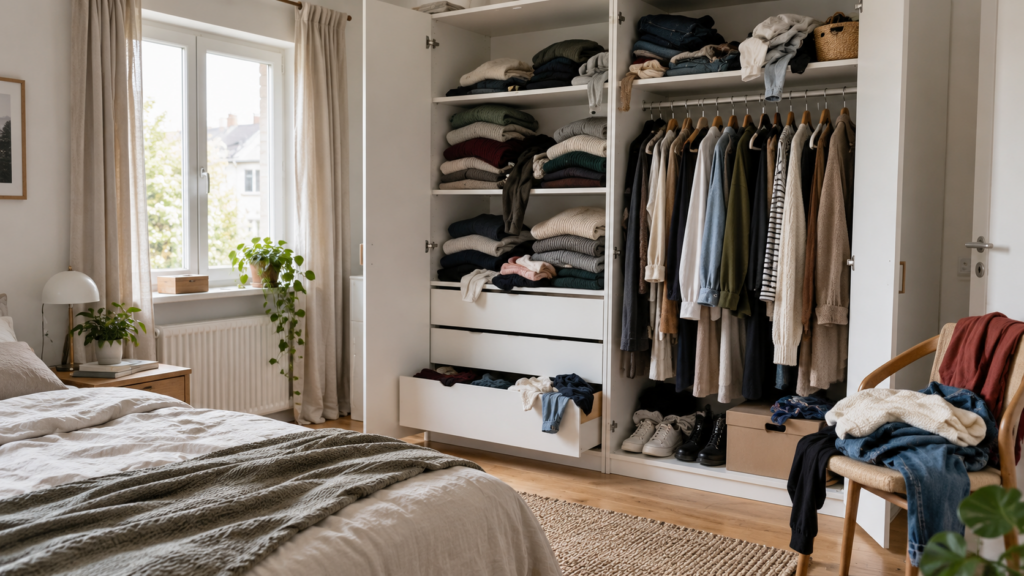 Geöffneter weißer Kleiderschrank mit überfüllten Regalfächern, ungeordneten Kleiderstapeln und hängender Kleidung im Schlafzimmer.