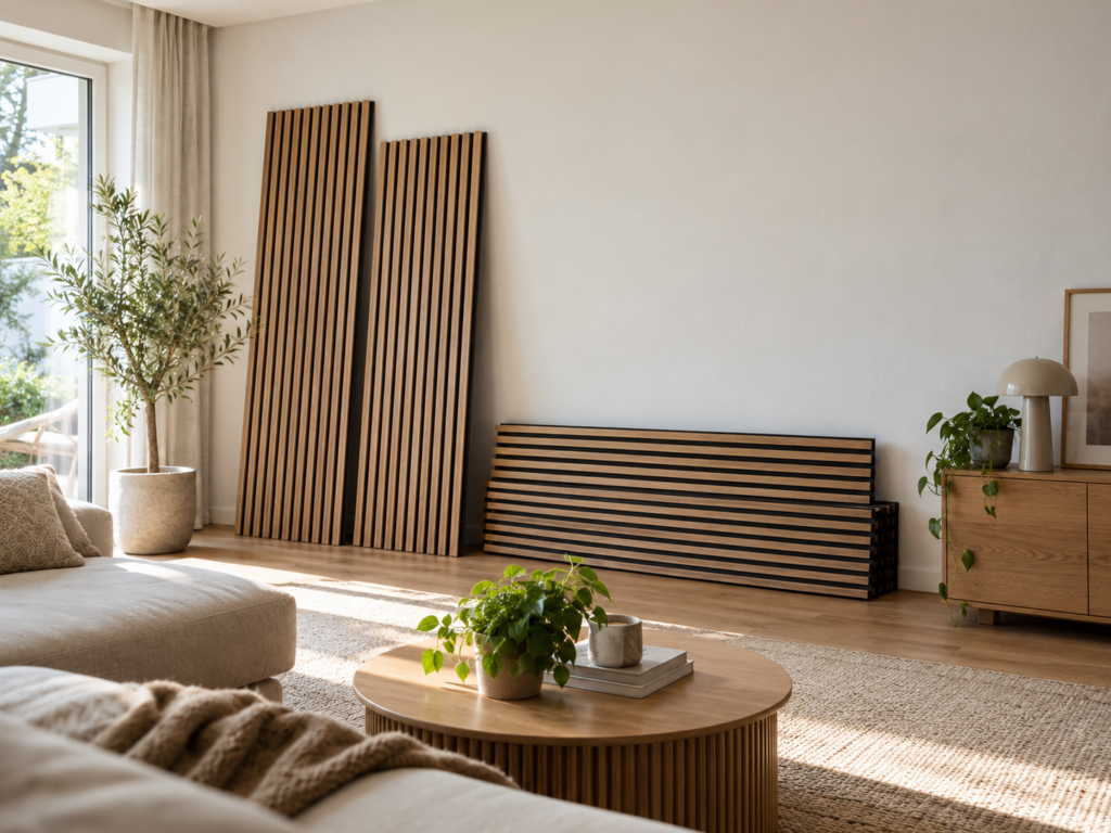 Helles Wohnzimmer mit einer noch freien Wand und bereitgestellten Akustikpaneelen aus Eiche.