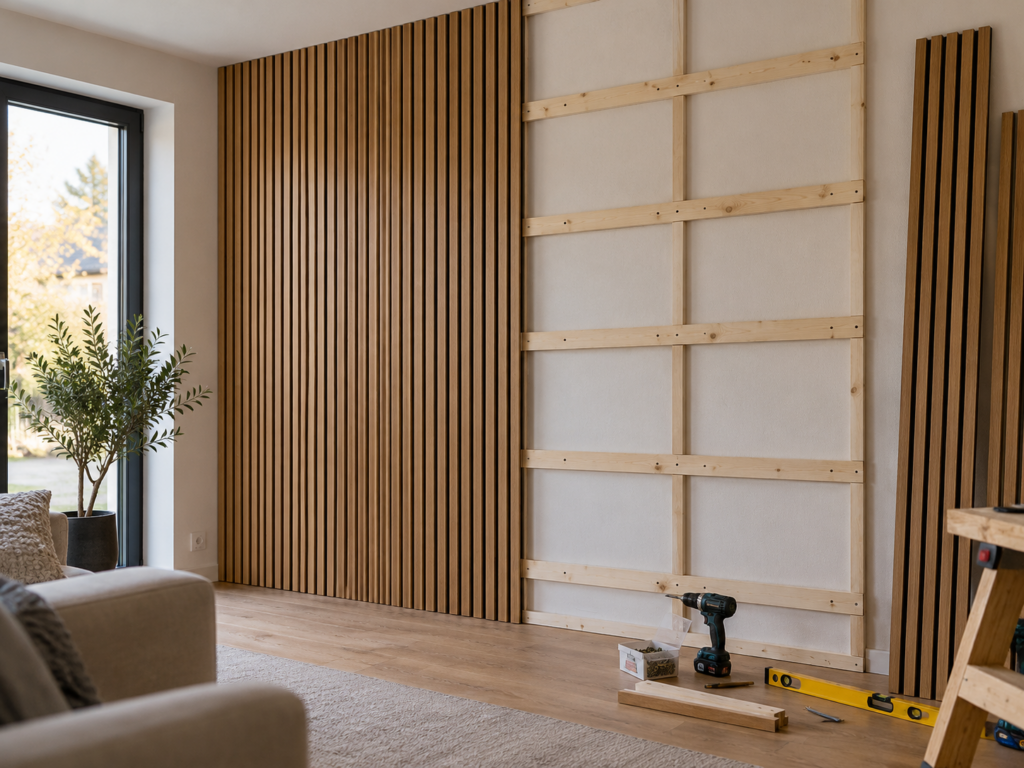 Teilweise montierte Akustikpaneelwand mit sichtbarer Holz-Unterkonstruktion aus senkrechten und waagerechten Latten.