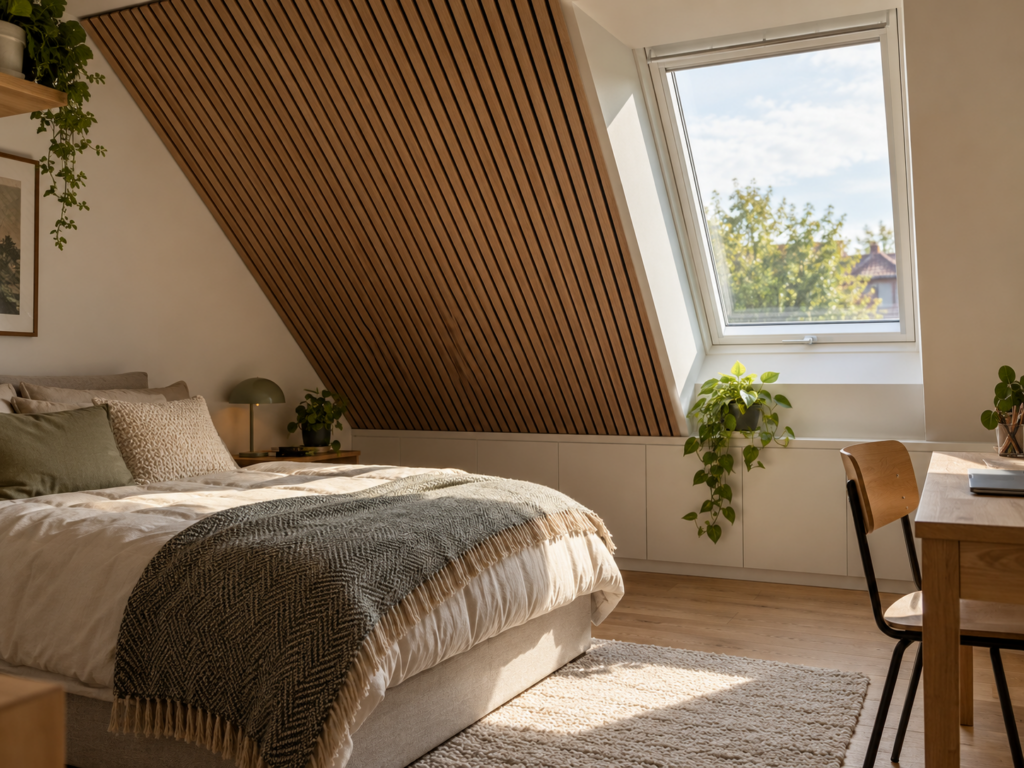 Schlafzimmer unter dem Dach mit einer verkleideten Dachschräge aus Eiche-Akustikpaneelen neben einem Dachfenster.