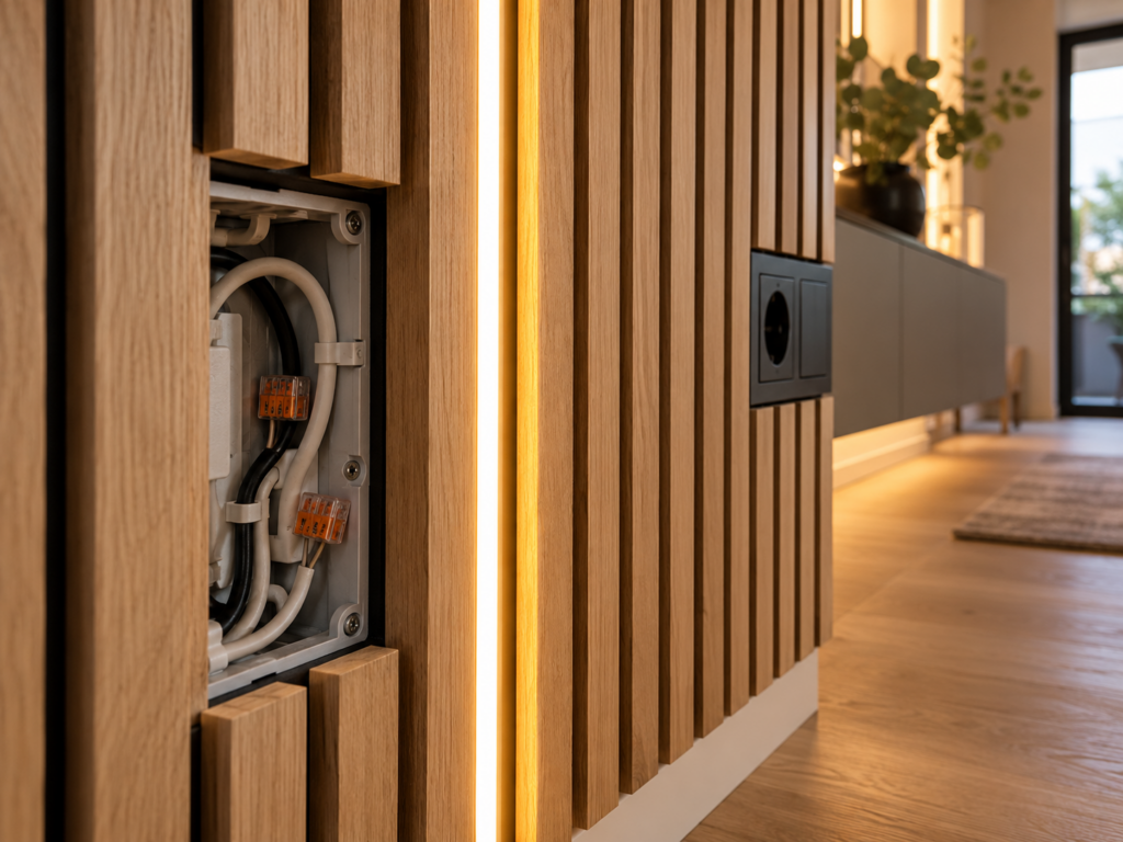 Detail einer Eiche-Akustikpaneelwand mit warmweißer LED-Beleuchtung, Steckdose und geöffnetem Elektroinstallationsbereich.
