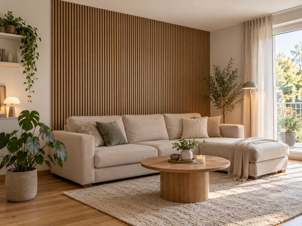 Gemütliches Wohnzimmer mit vollständig montierter Eiche-Akustikpaneelwand hinter einem beigen Ecksofa.