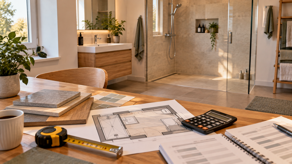 Kostenplanung für eine neue Dusche mit Grundriss, Materialmustern und Budgetübersicht.